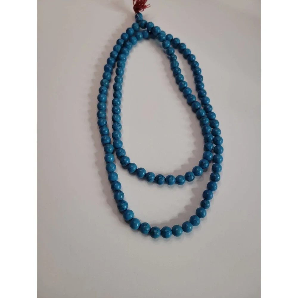 Blue Black Veined Round Bead Long Necklace Southwestern Boho Statement Jewelry